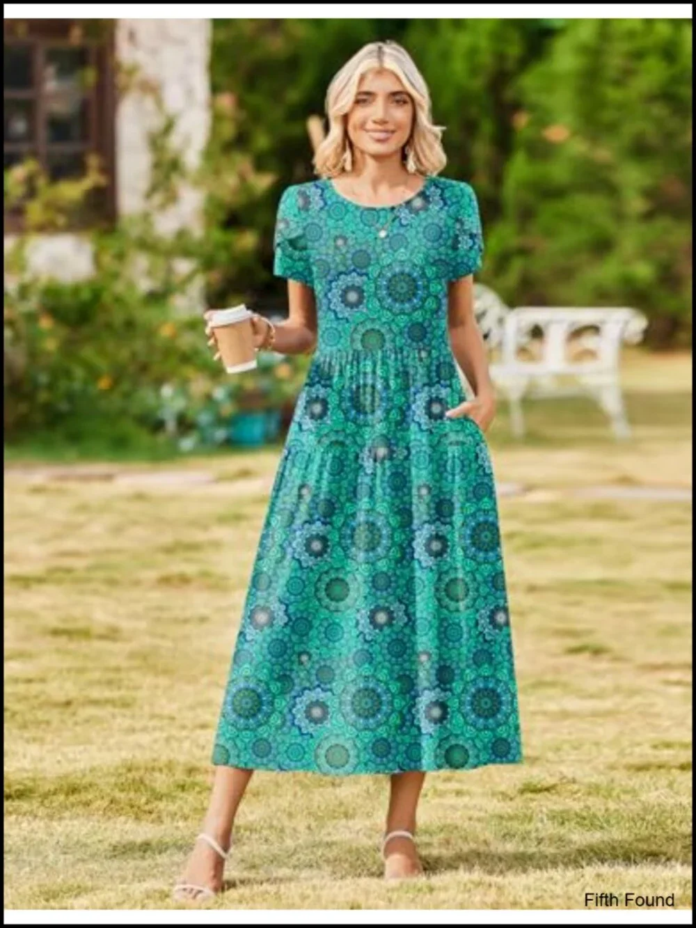 Women's Flowy Maxi Dress Summer Bohemian Short Sleeve Long Sundress with Pockets